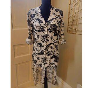 Sophisticated Black & White Floral High-Low Tunic